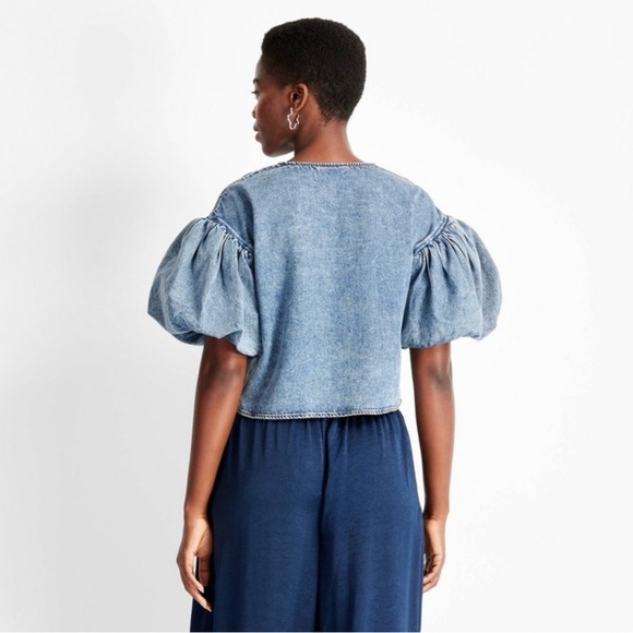 Future Collective Denim Puff Sleeve Top NWT - Picture 2 of 7